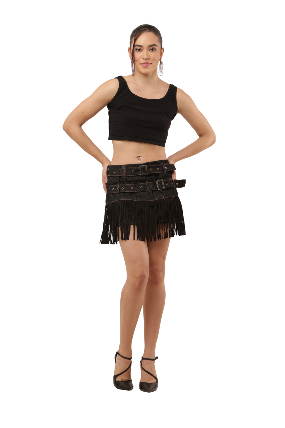 Denim Fringe Mini Skirt with Dual Belt Detail