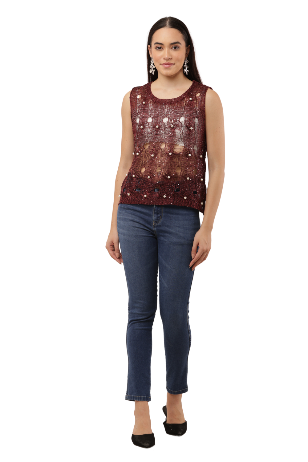 Sequin Embellished Open-Knit Mesh Top Free Size with Crisscross Back Tie