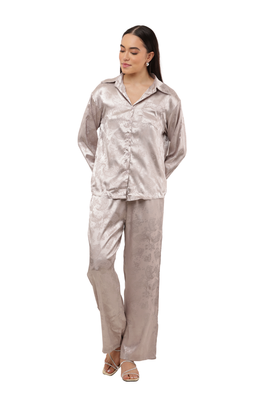 Elegant Satin Paisley Shirt and Trouser Co-ord Set