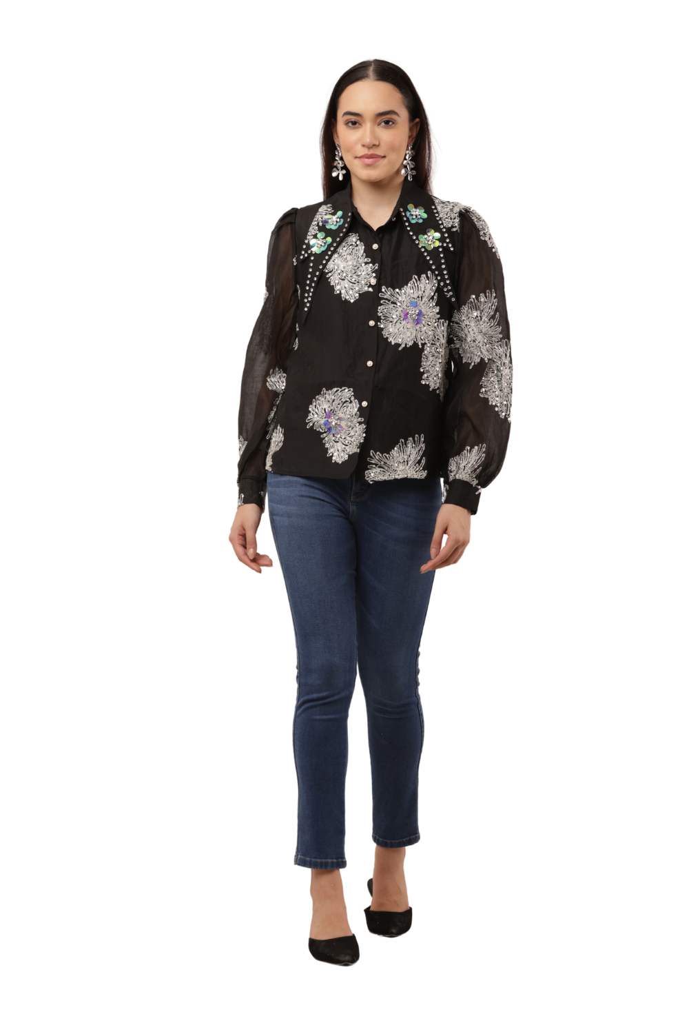Embroidered Sheer Shirt with Floral Sequins Free Size – Korean Fashion