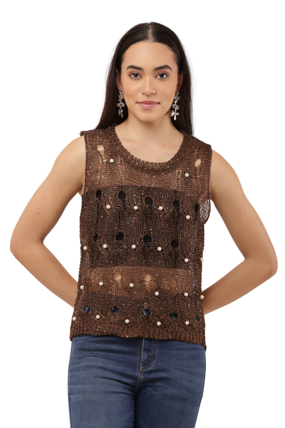 Sequin Embellished Open-Knit Mesh Top Free Size with Crisscross Back Tie