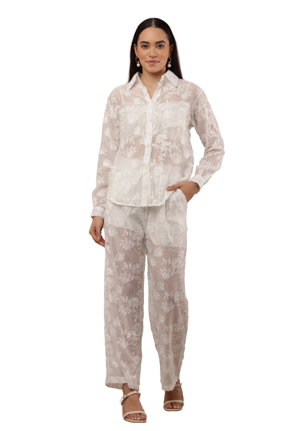 Sheer Embroidered Co-ord Shirt & Trouser Set