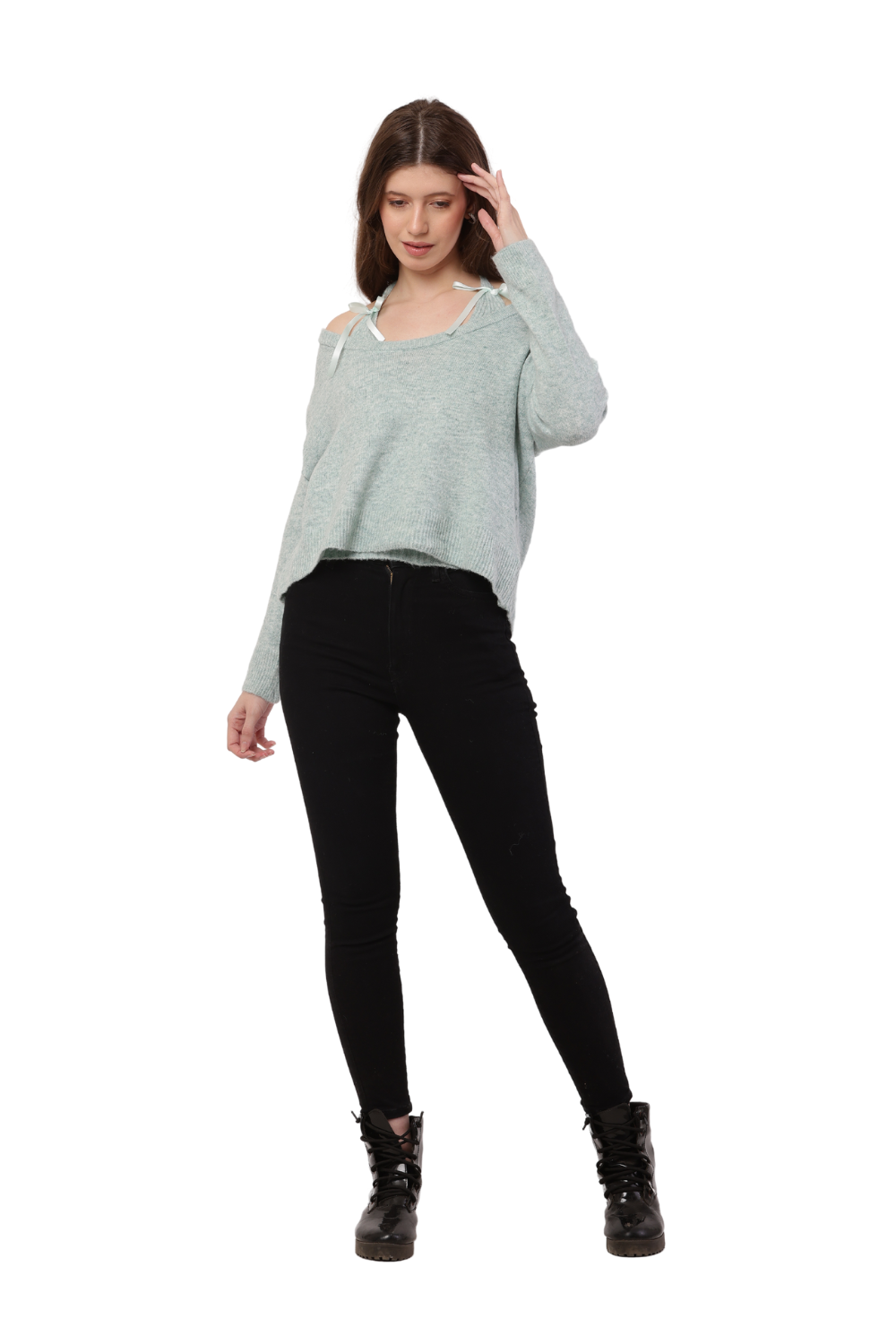 Korean Style Off-Shoulder Knit Sweater with Ribbon Tie Detail
