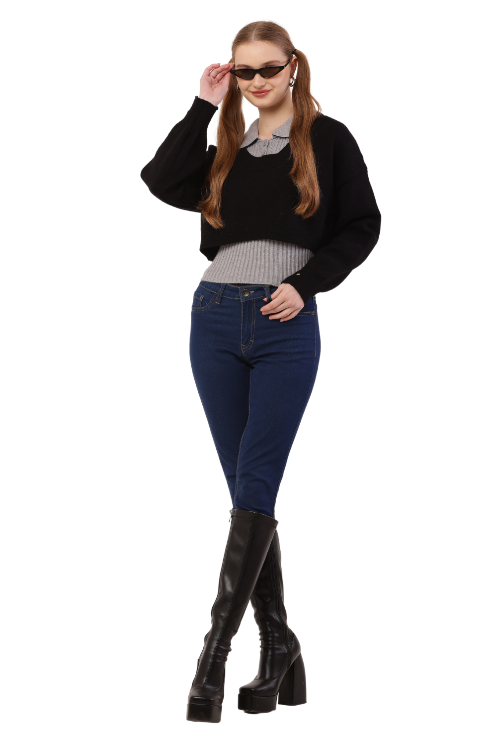 Layered Cropped Knit Sweater & Shirt Combo