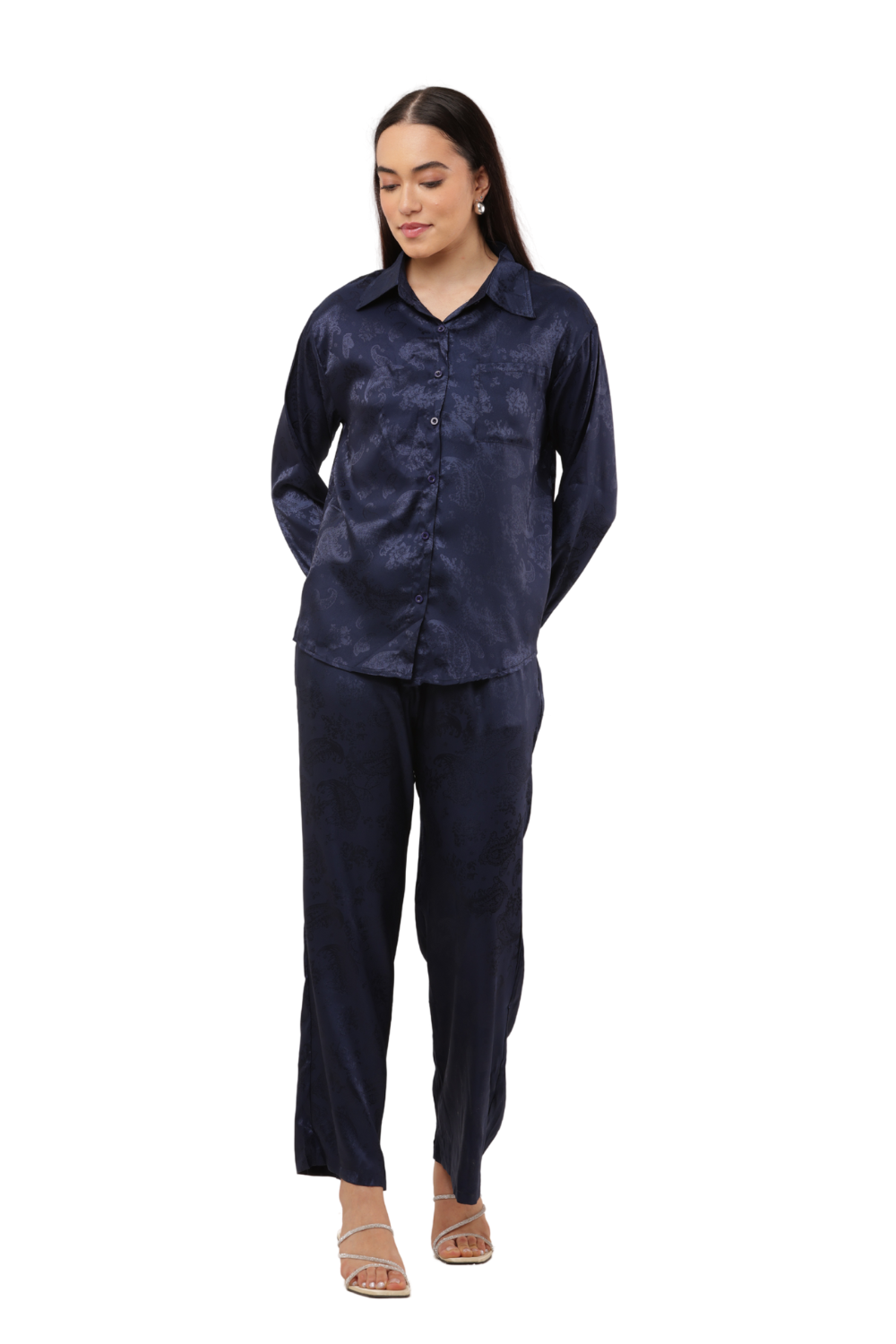 Elegant Satin Paisley Shirt and Trouser Co-ord Set