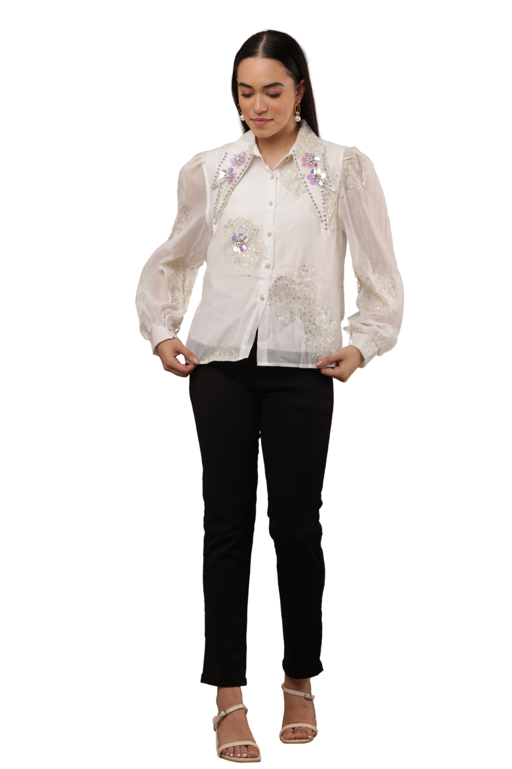 Embroidered Sheer Shirt with Floral Sequins Free Size – Korean Fashion