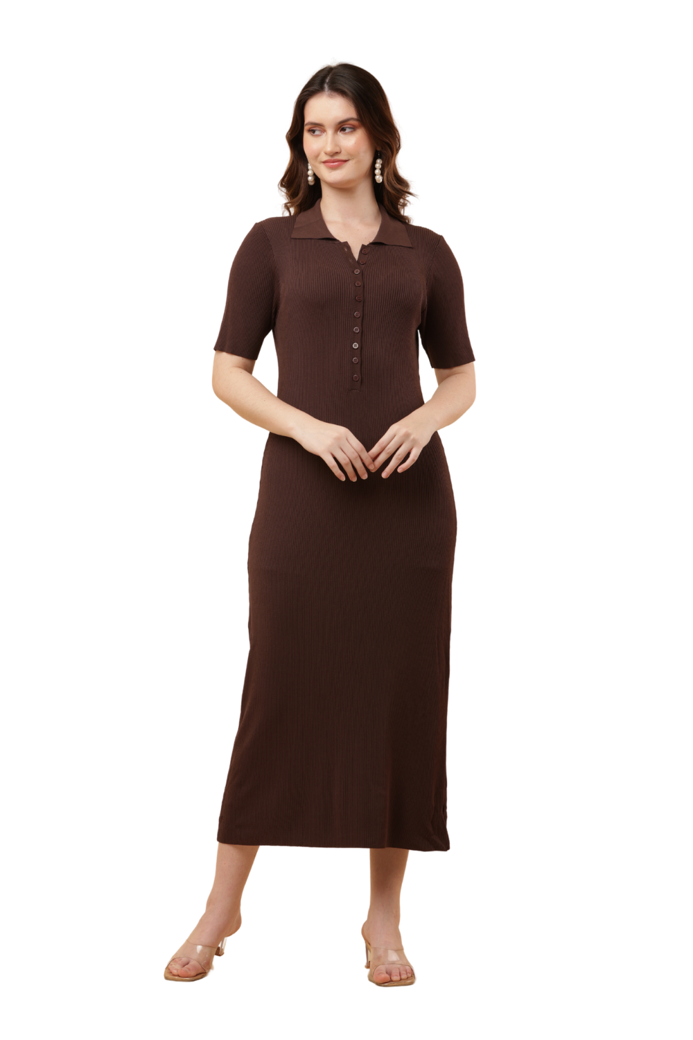 Korean Bodycon Ribbed Polo Midi Dress Free Size – Korean Fashion Style
