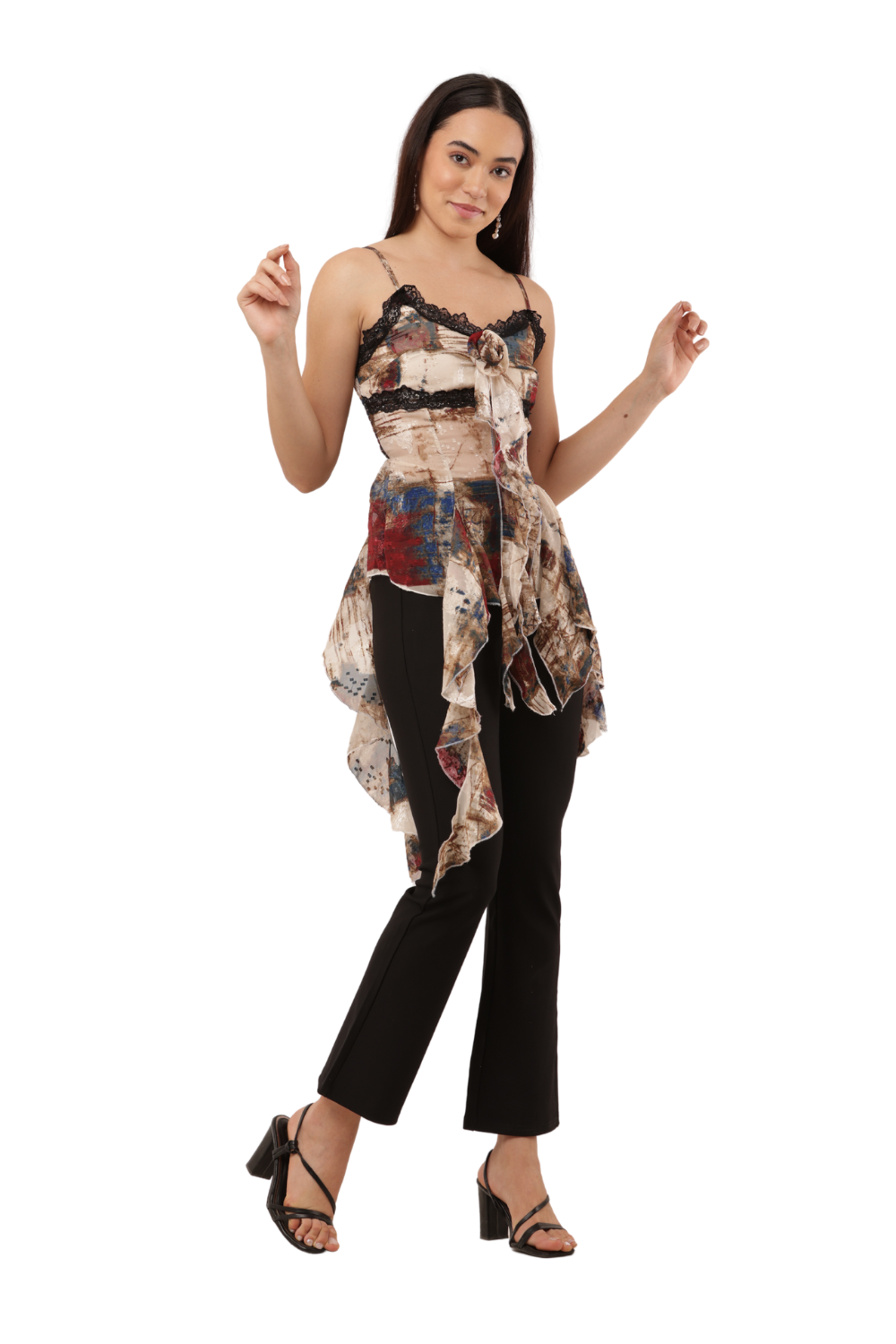 Vintage Abstract Lace-Trim Ruffle Top Free Size with Front Rose Detail