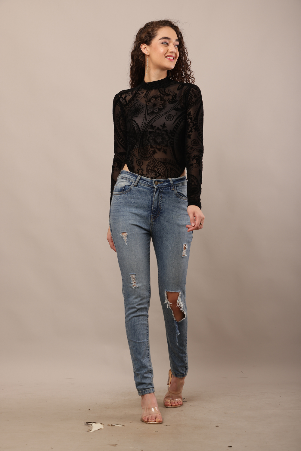 Korean Fashion Sheer Lace Long Sleeve Bodysuit for Women