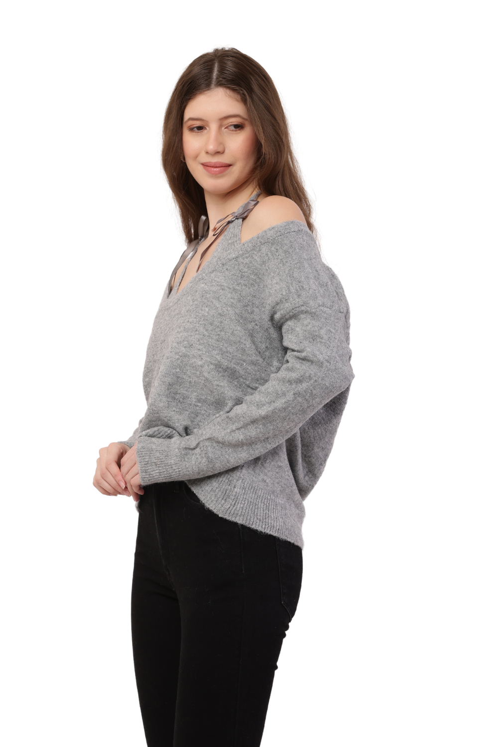 Korean Style Off-Shoulder Knit Sweater with Ribbon Tie Detail