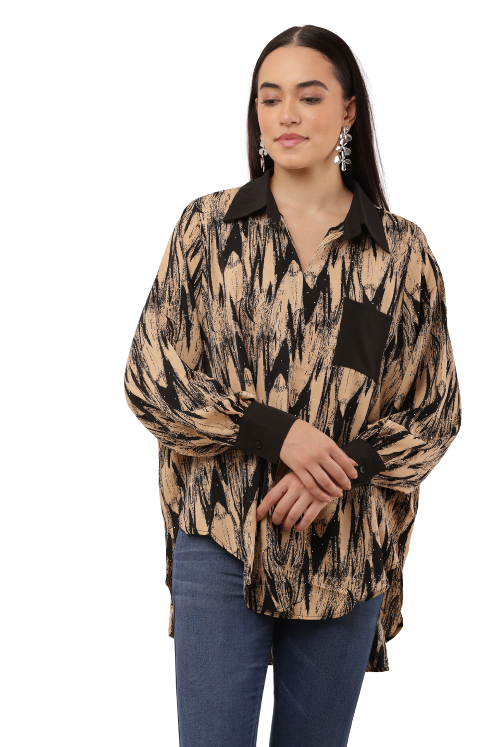 Oversized Abstract Print Button-Down Free Size Shirt with Contrast Detailing