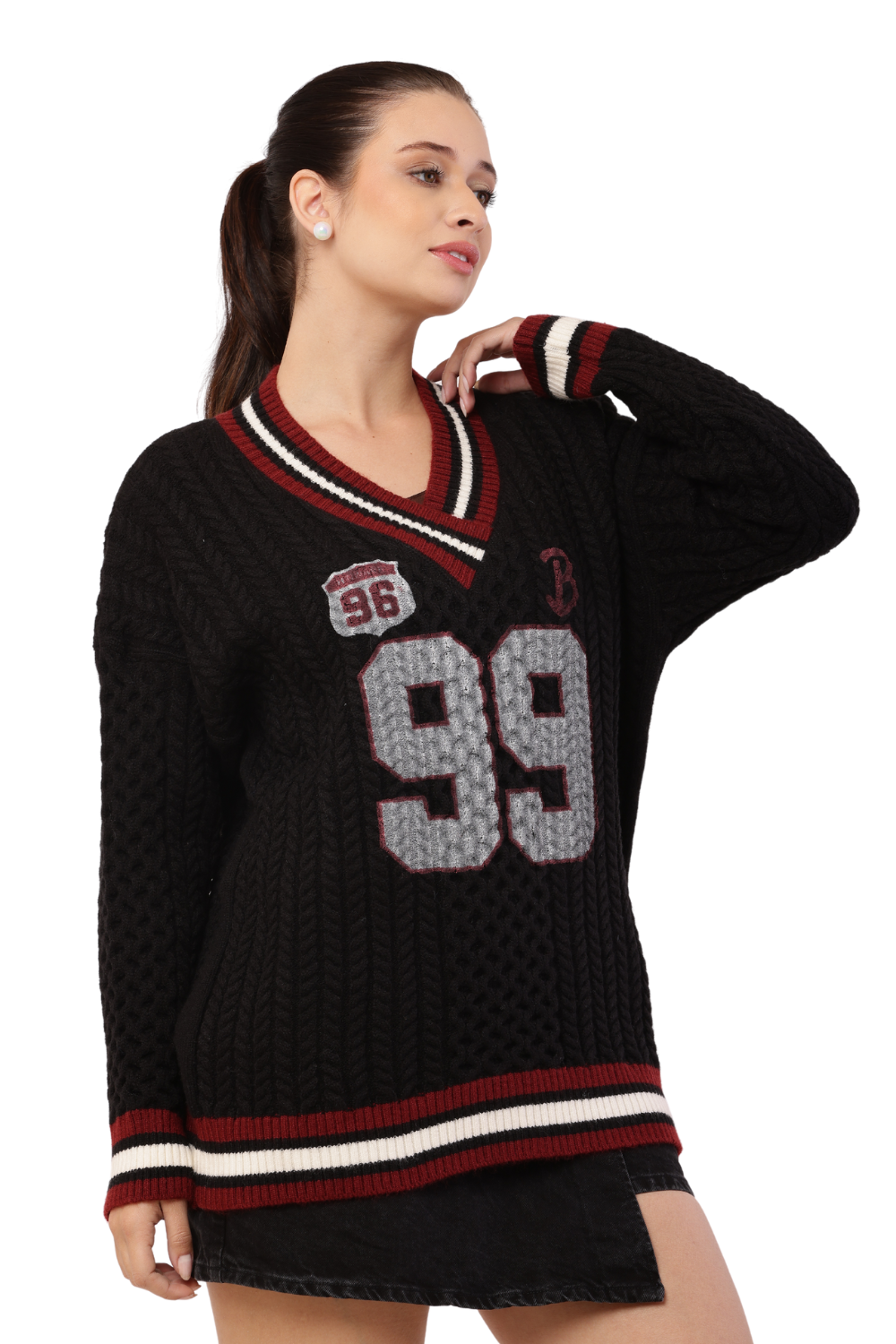Oversized Varsity Knit Sweater with "99" Patch Design