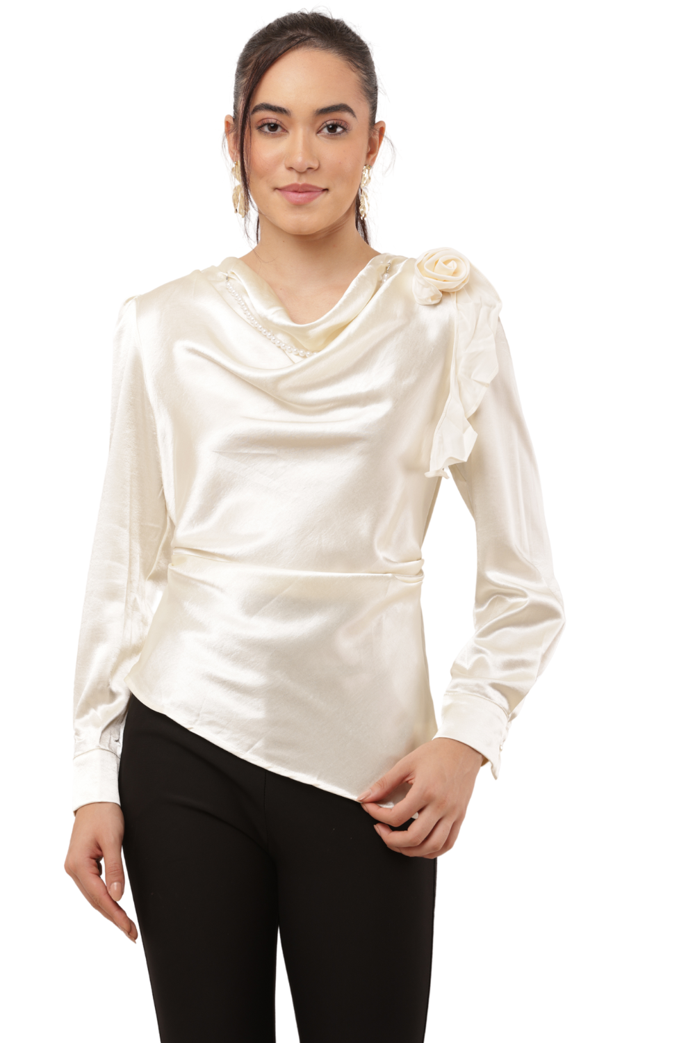 Elegant Draped Shoulder Detail Korean Silk Chiffon Shirt