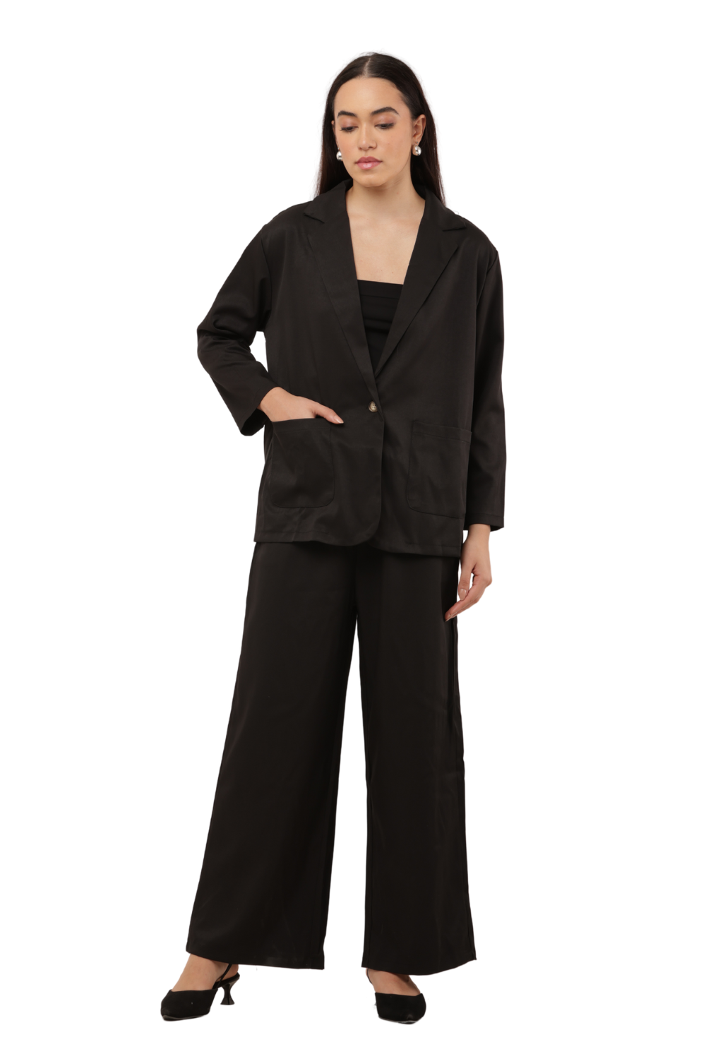 Elegant Blazer & Wide-Leg Pant Co-ord Set Free Size – Korean Fashion