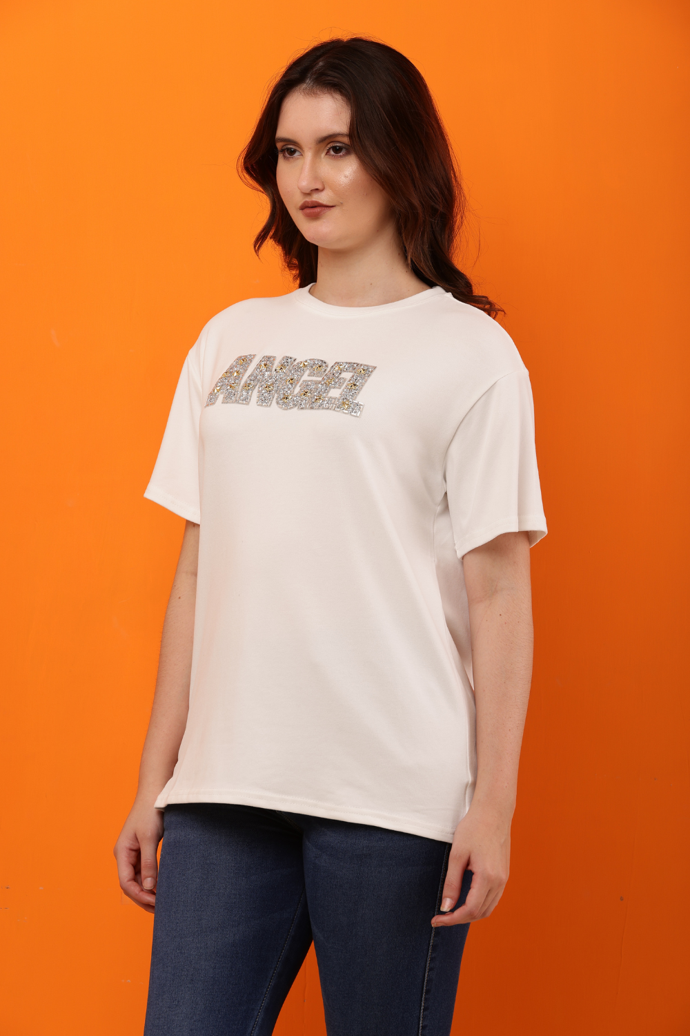 Korean Fashion White "ANGEL" Sequin Embellished T-Shirt for Women