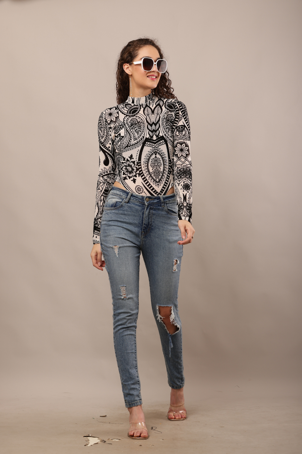 Korean Fashion Sheer Lace Long Sleeve Bodysuit for Women