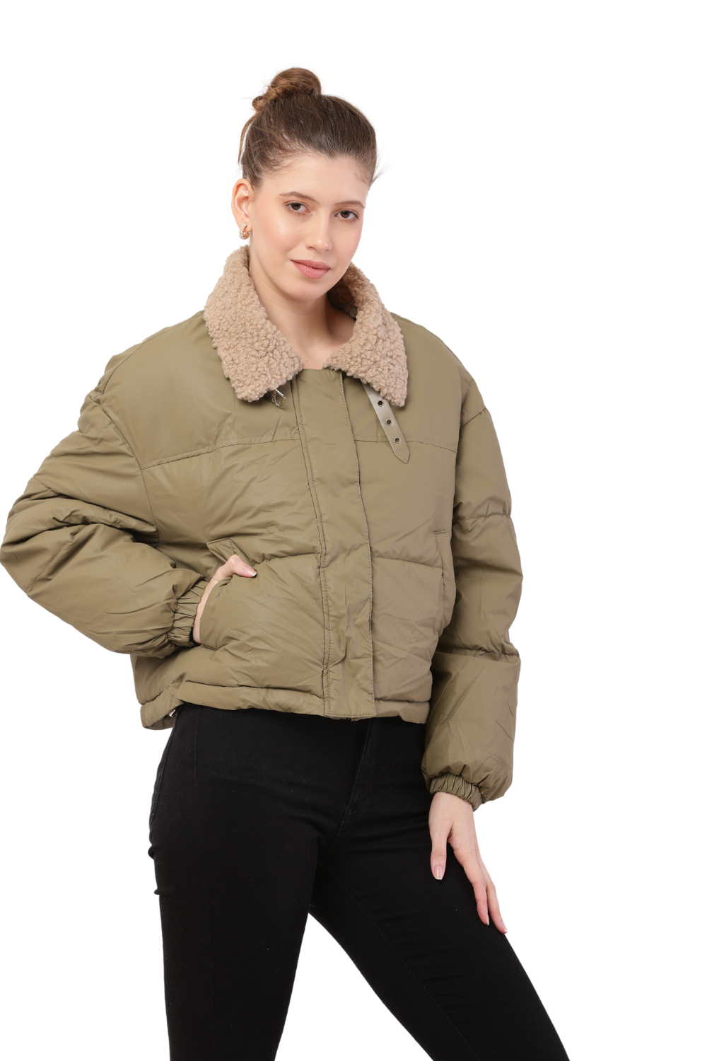 Trendy Puffer Jacket with Shearling Collar – Korean Fashion