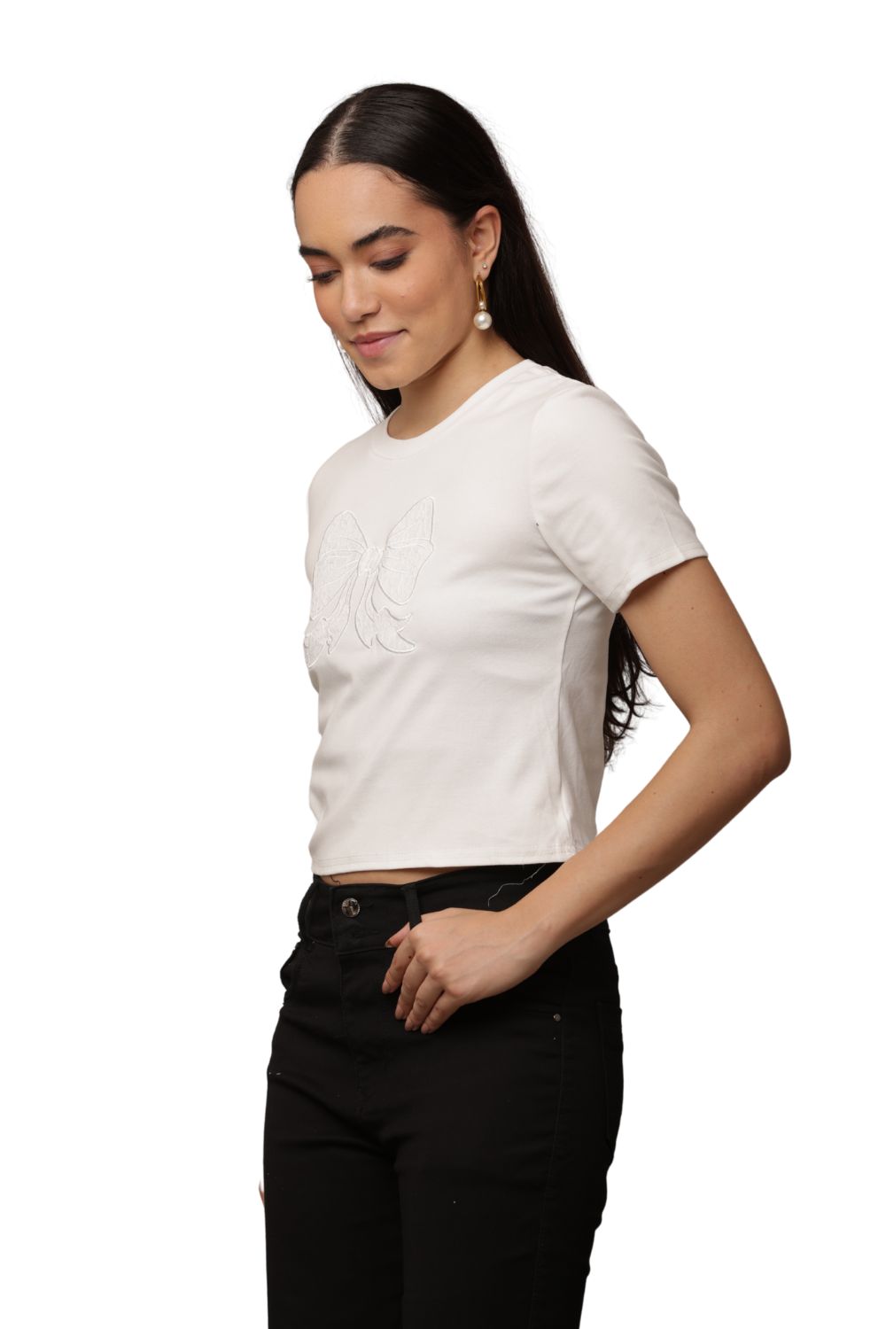 Bow Embroidered Crop Top Free Size – Korean T-Shirts for Women  | Korean Fashion Tee