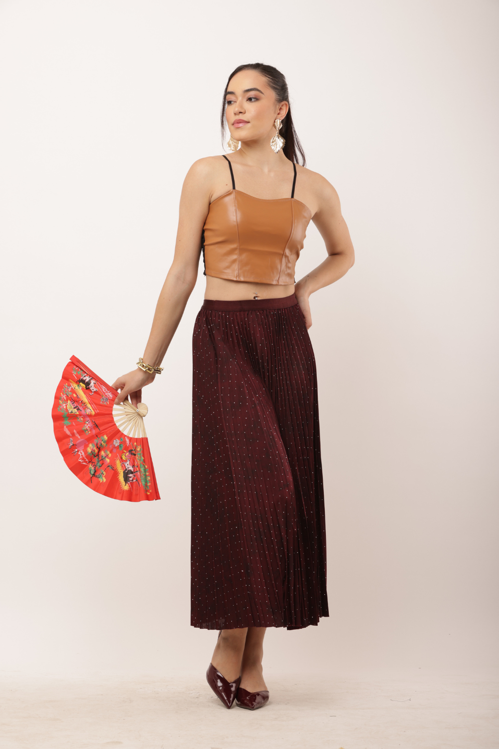 Pleated Midi Skirt with Glitter Detailing – Korean Fashion Style