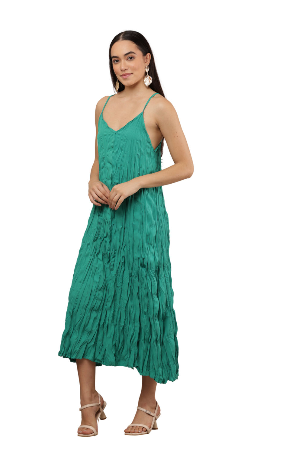 Korean Fashion Crinkled Spaghetti Strap Midi Dress Free Size – Teal | Korean Clothes