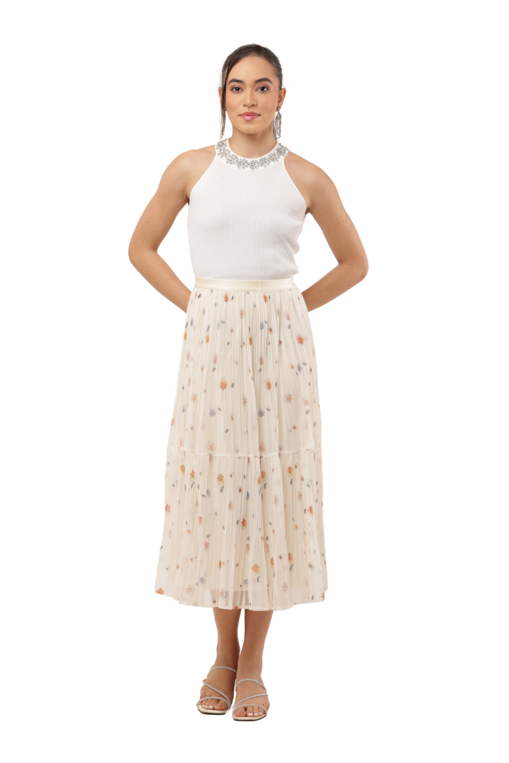 Floral Pleated Mesh Midi Skirt – High Waist, Lined, Lightweight | Korean Long Skirt