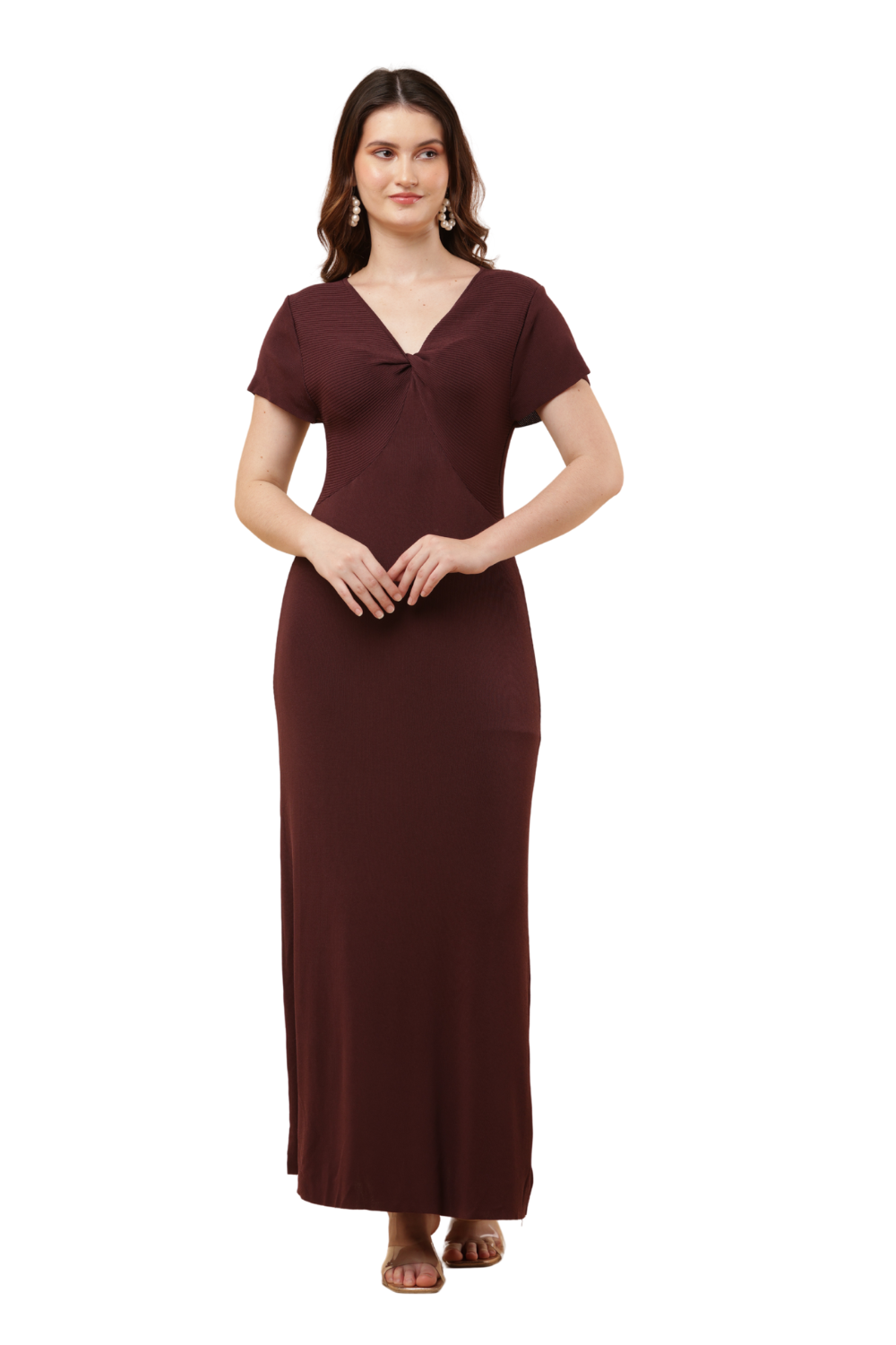 Twist-Front Ribbed Maxi Dress Free Size – Korean Bodycon Style