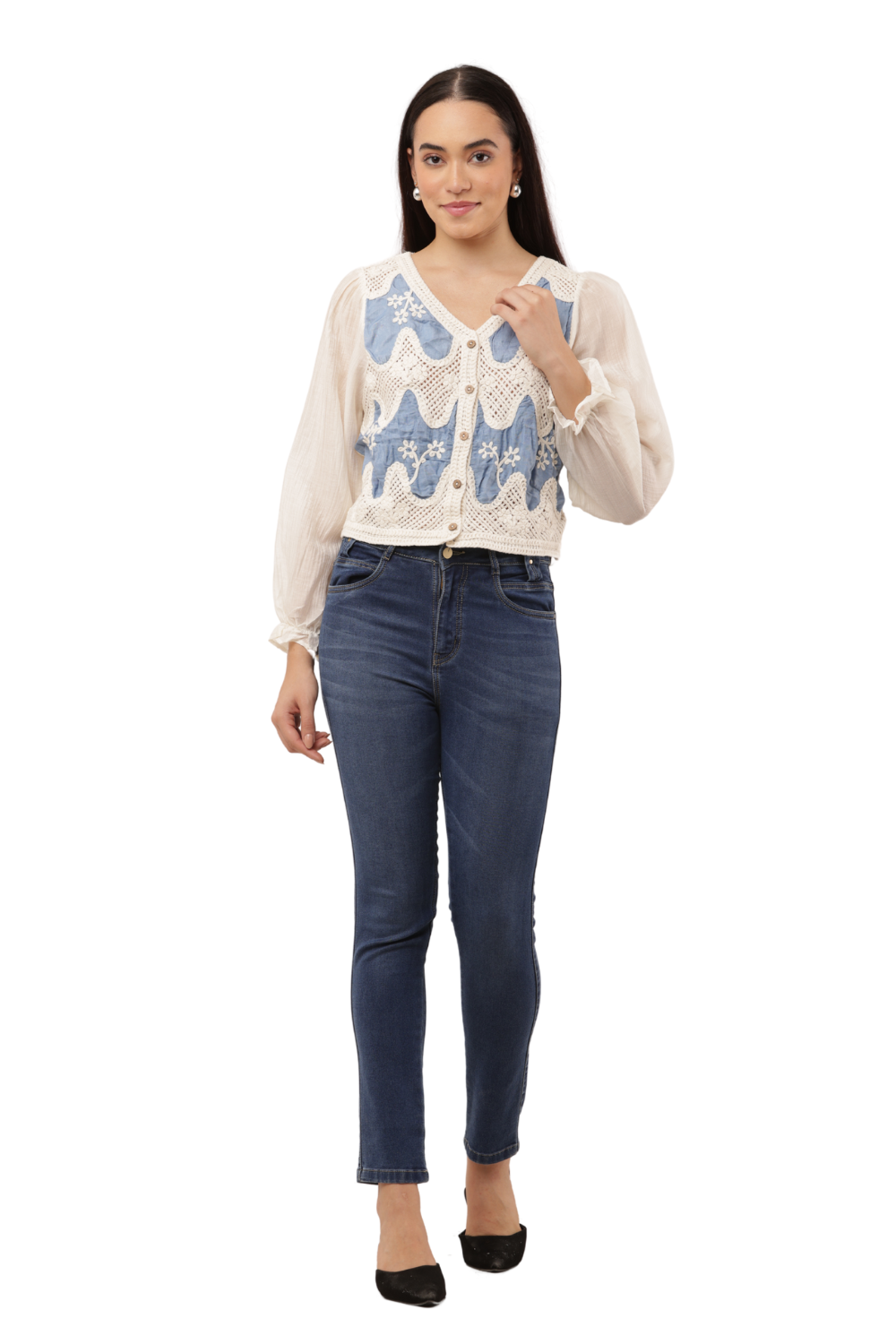 Embroidered Crochet Panel Free Size Korean Style Button-Down Top
