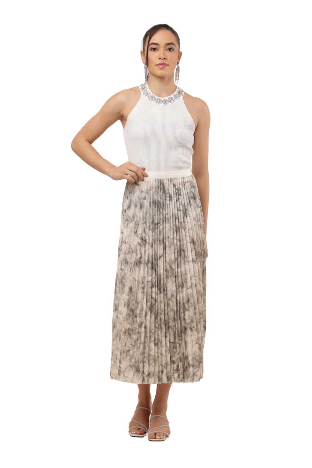Elegant Pleated Midi Skirt with Tie-Dye Effect – Flowy & Chic