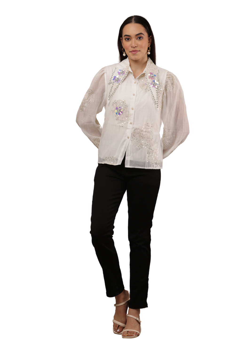 Embroidered Sheer Shirt with Floral Sequins Free Size – Korean Fashion
