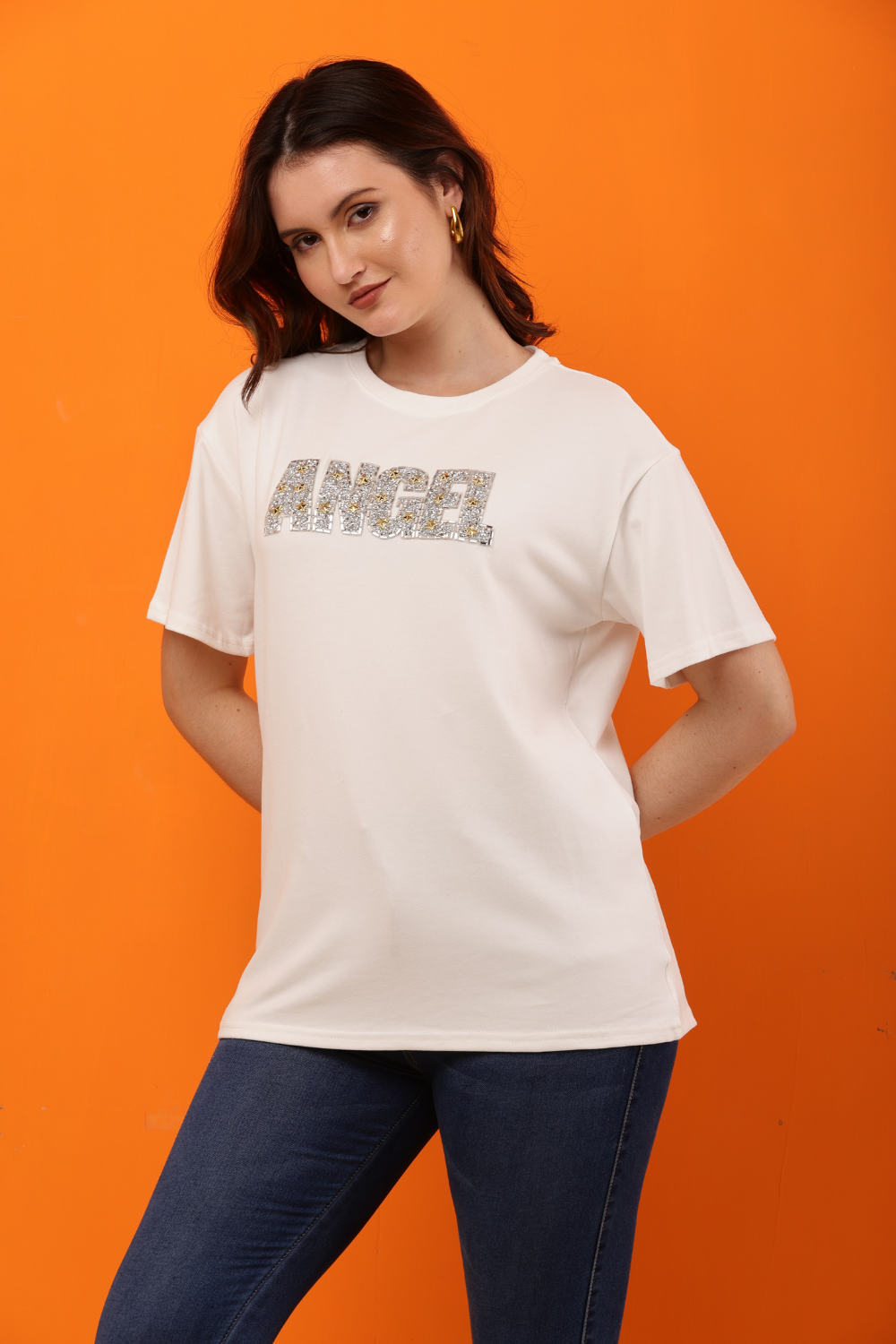 Korean Fashion White "ANGEL" Sequin Embellished T-Shirt for Women