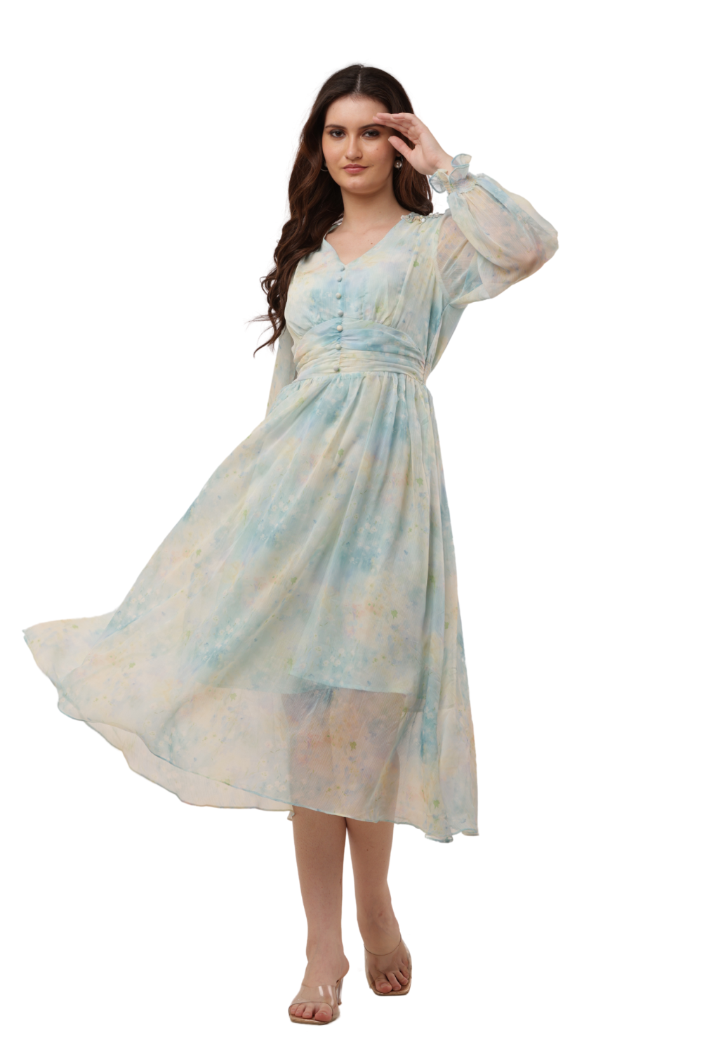 Elegant Floral Ruffle Midi Korean Dress – Sheer Organza | Korean Fashion Clothes