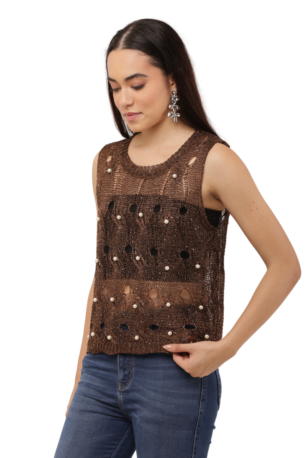 Sequin Embellished Open-Knit Mesh Top Free Size with Crisscross Back Tie