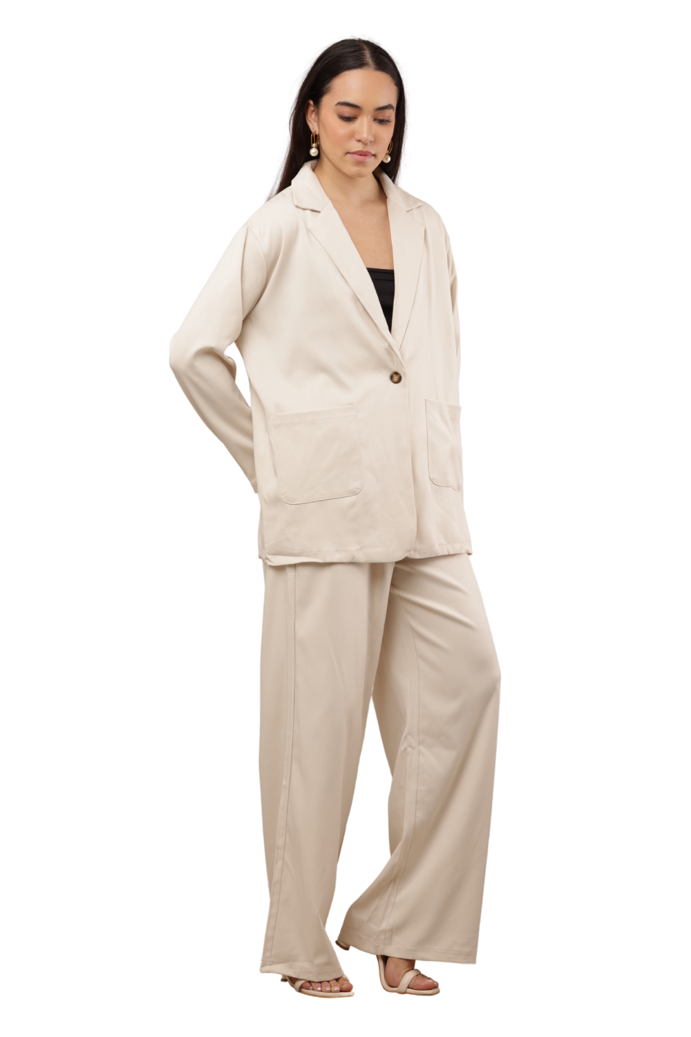 Elegant Blazer & Wide-Leg Pant Co-ord Set Free Size – Korean Fashion
