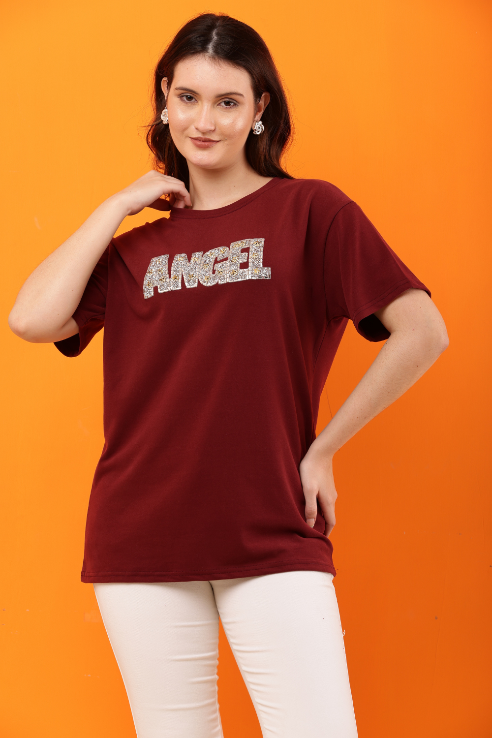 Korean Fashion White "ANGEL" Sequin Embellished T-Shirt for Women