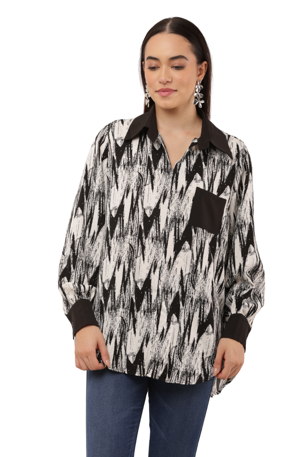 Oversized Abstract Print Button-Down Free Size Shirt with Contrast Detailing