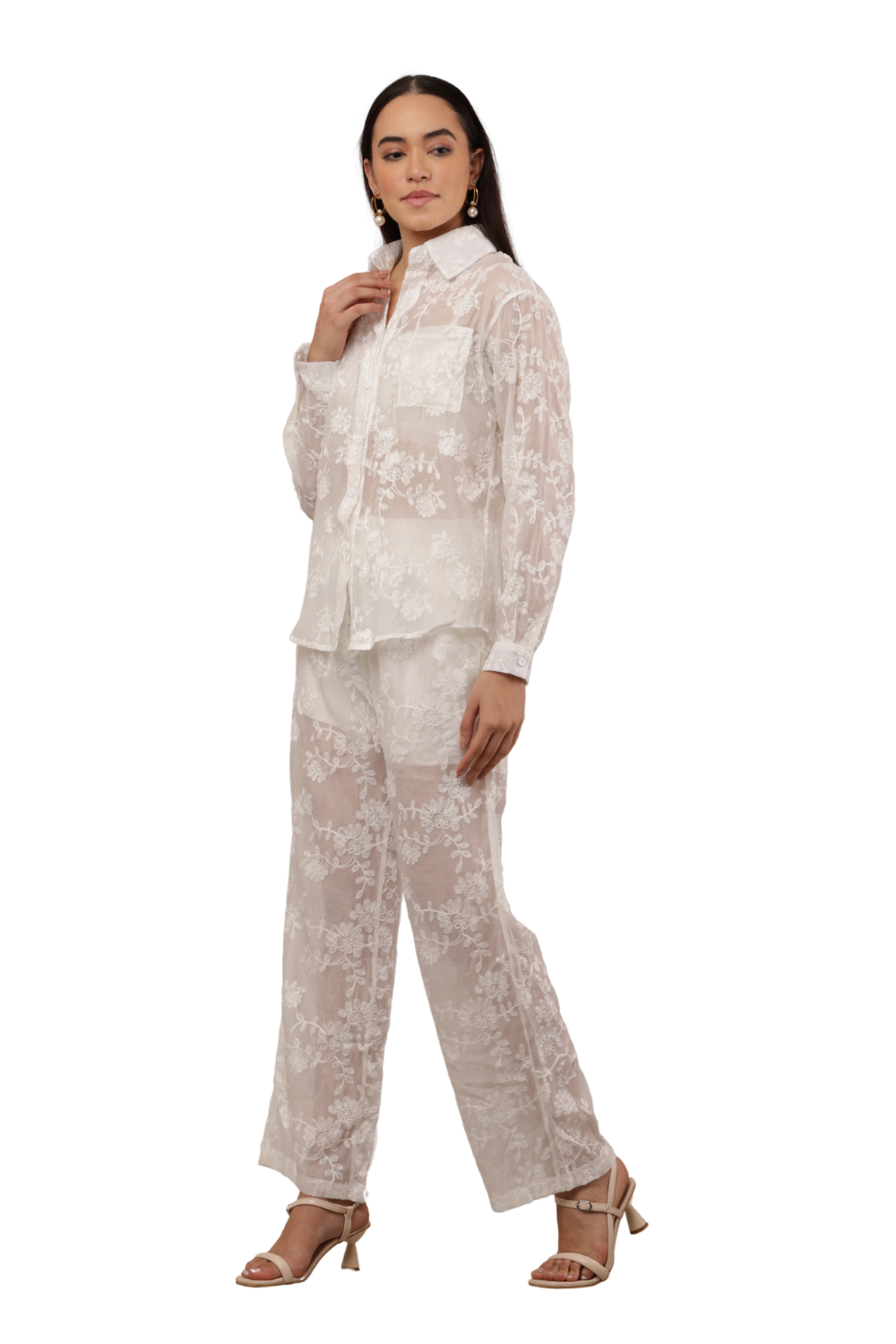 Sheer Embroidered Co-ord Shirt & Trouser Set