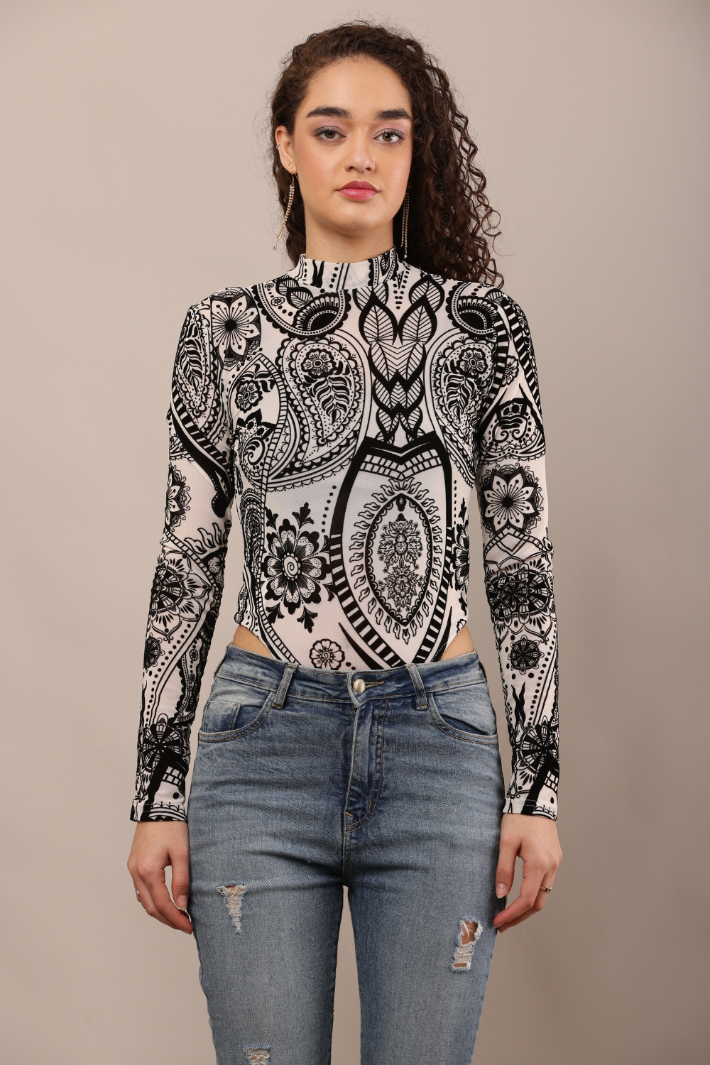 Korean Fashion Sheer Lace Long Sleeve Bodysuit for Women