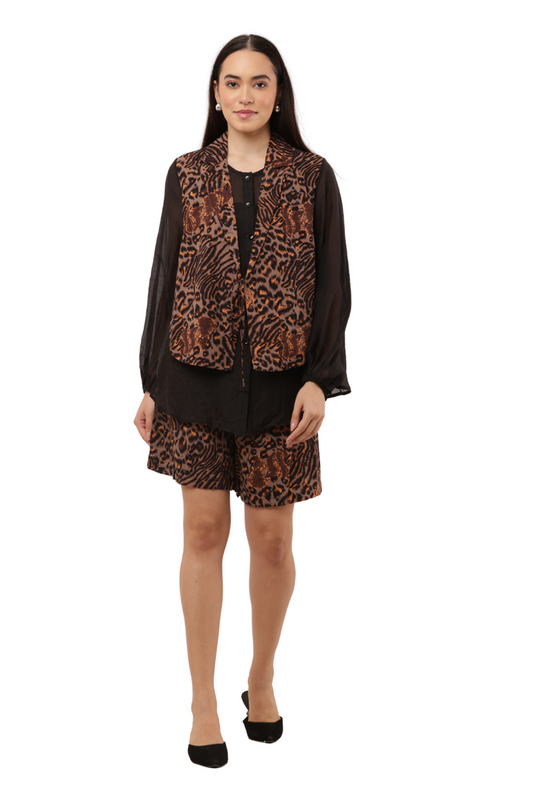 Leopard Print Vest & Shorts Set Free Size with Sheer Black Blouse – Korean Fashion Style