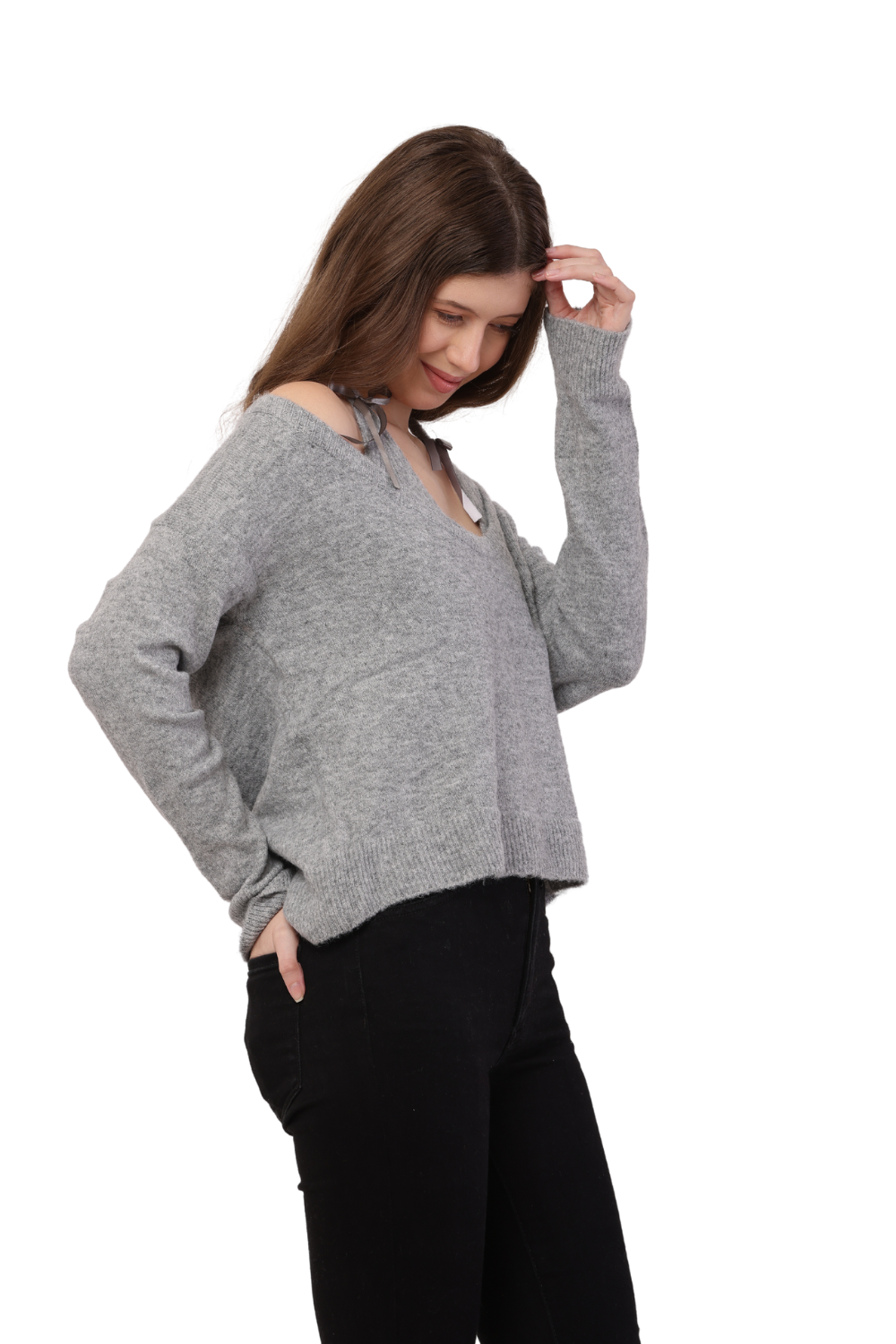 Korean Style Off-Shoulder Knit Sweater with Ribbon Tie Detail