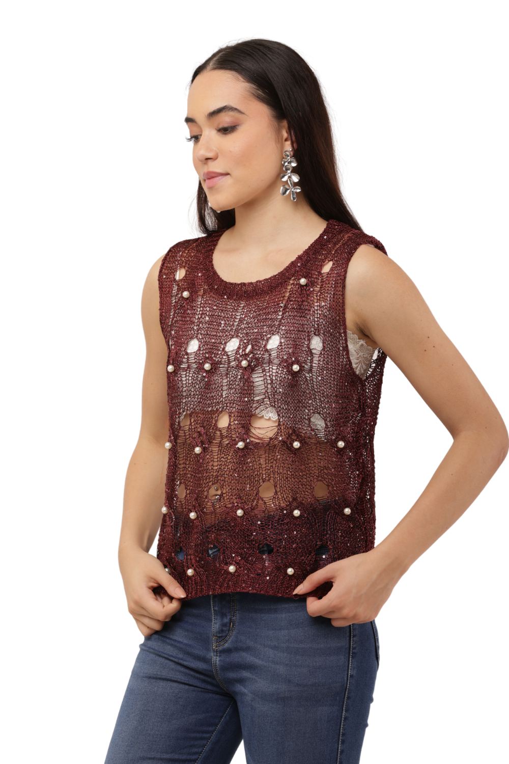 Sequin Embellished Open-Knit Mesh Top Free Size with Crisscross Back Tie