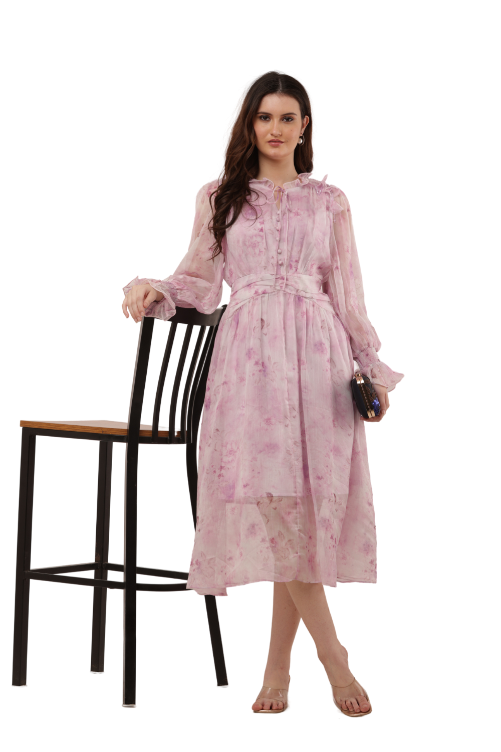 Elegant Floral Ruffle Midi Korean Dress – Sheer Organza | Korean Fashion Clothes