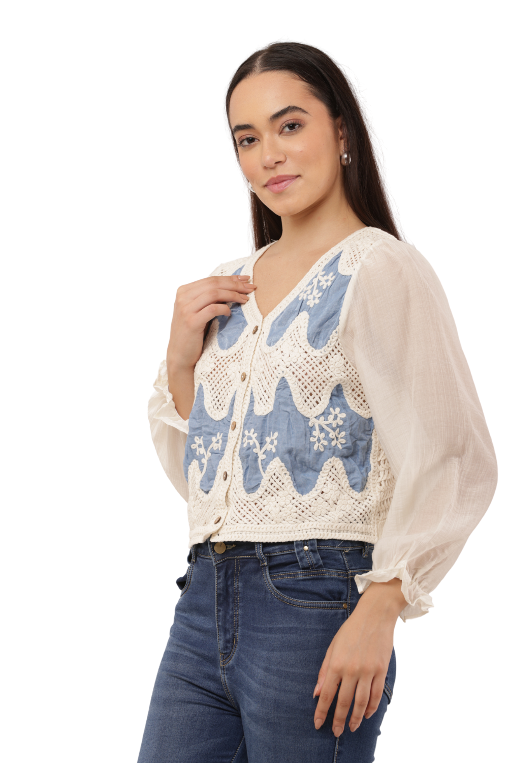 Embroidered Crochet Panel Free Size Korean Style Button-Down Top