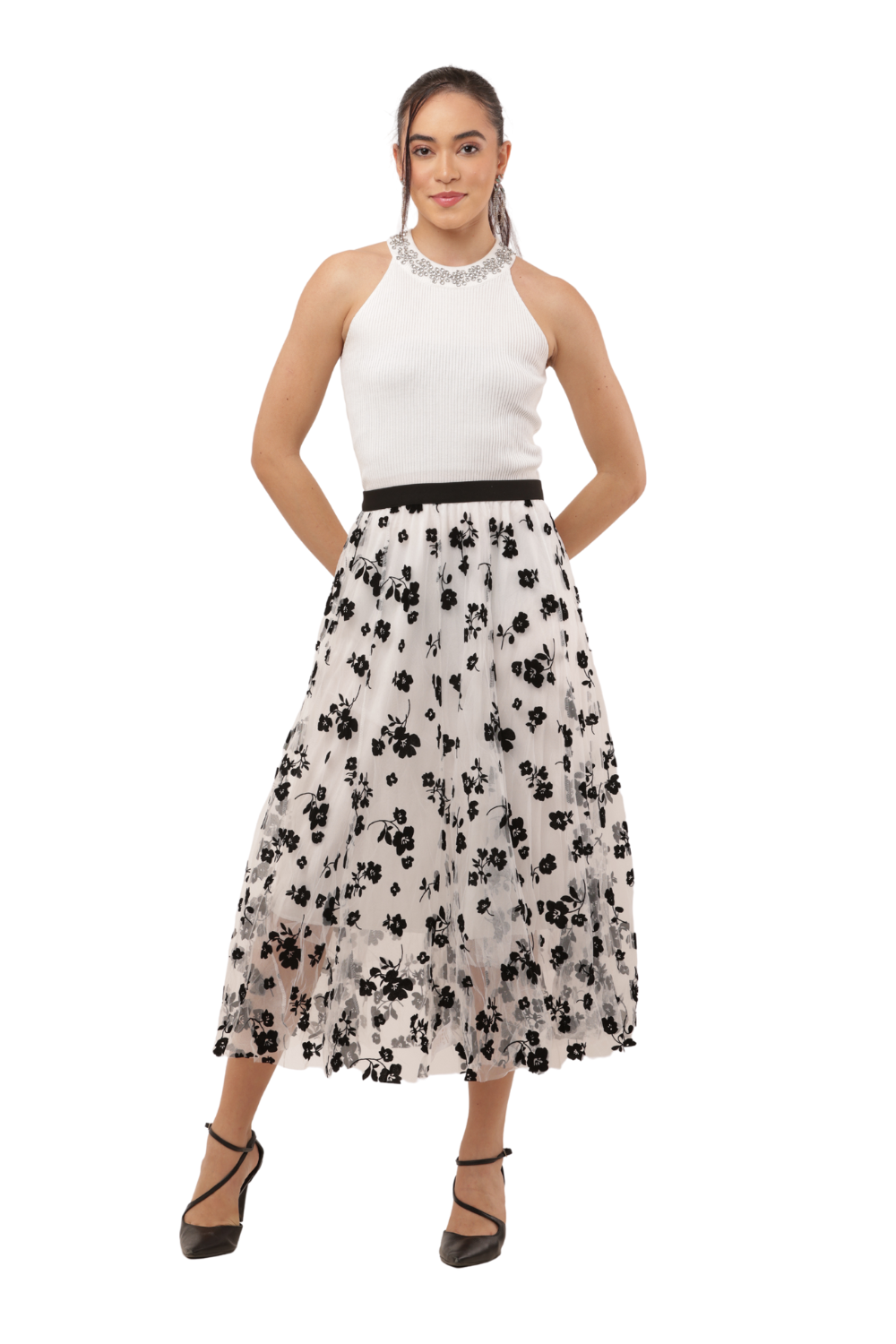 Black Mesh Floral Embroidered Korean Long Skirt – High Waist, A-Line, Pleated Midi