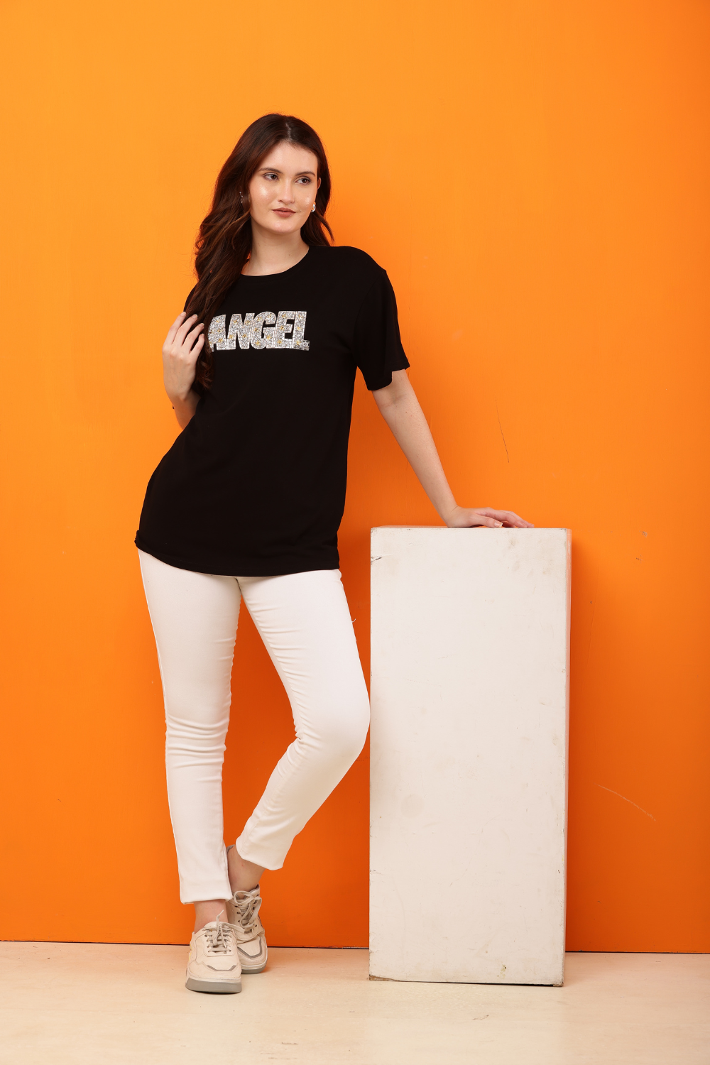 Korean Fashion White "ANGEL" Sequin Embellished T-Shirt for Women