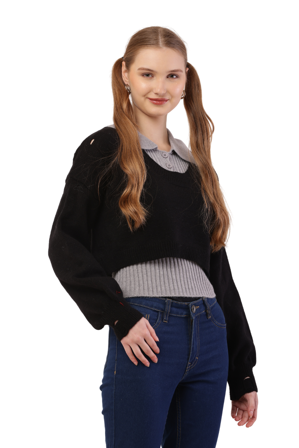 Layered Cropped Knit Sweater & Shirt Combo