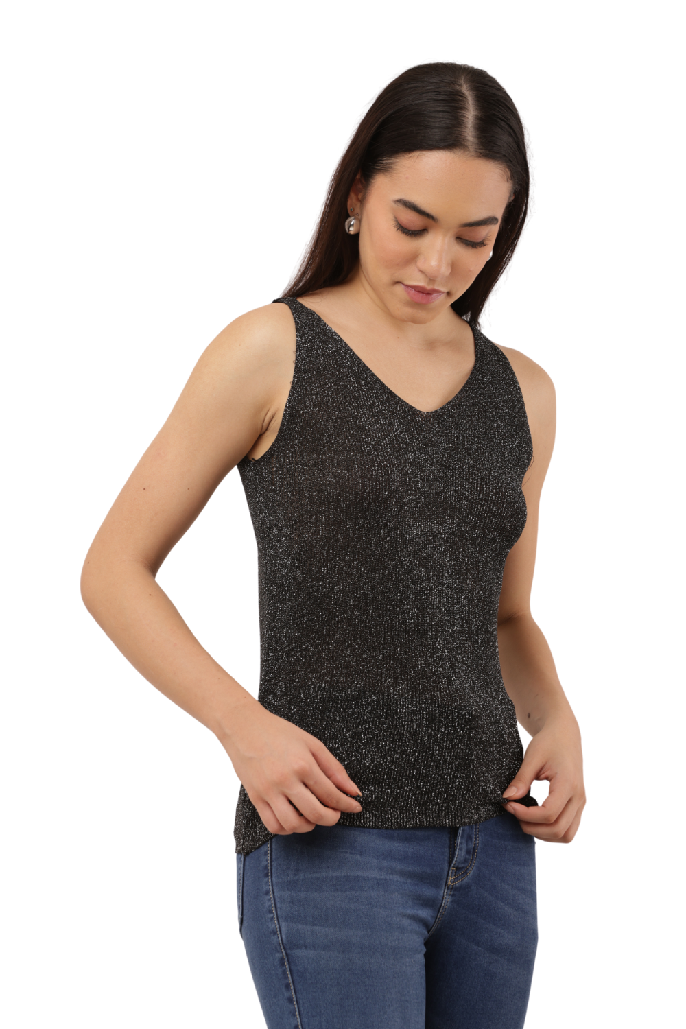 ✨ Shimmer Knit Sleeveless Top – V-Neck Style
