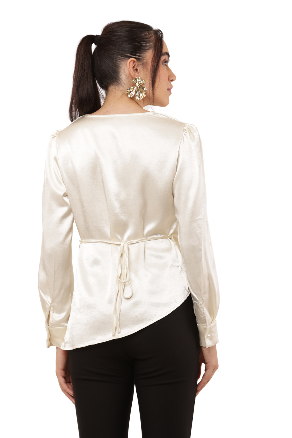 Elegant Draped Shoulder Detail Korean Silk Chiffon Shirt