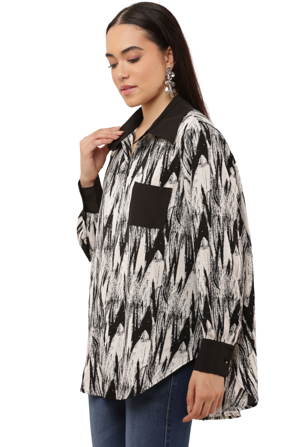 Oversized Abstract Print Button-Down Free Size Shirt with Contrast Detailing