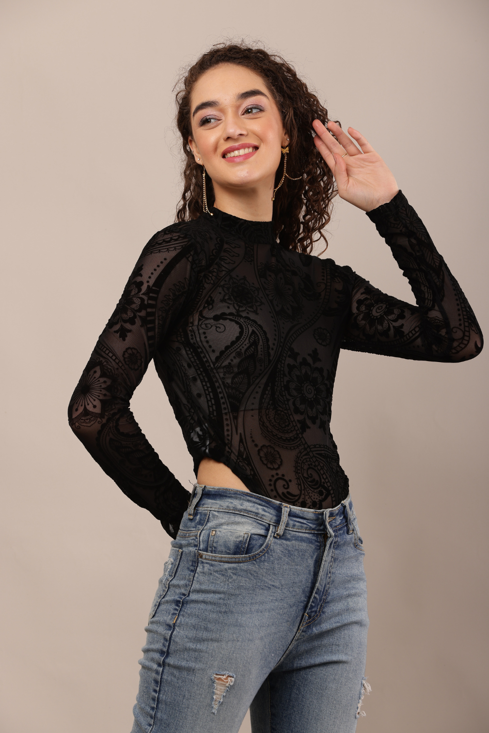 Korean Fashion Sheer Lace Long Sleeve Bodysuit for Women