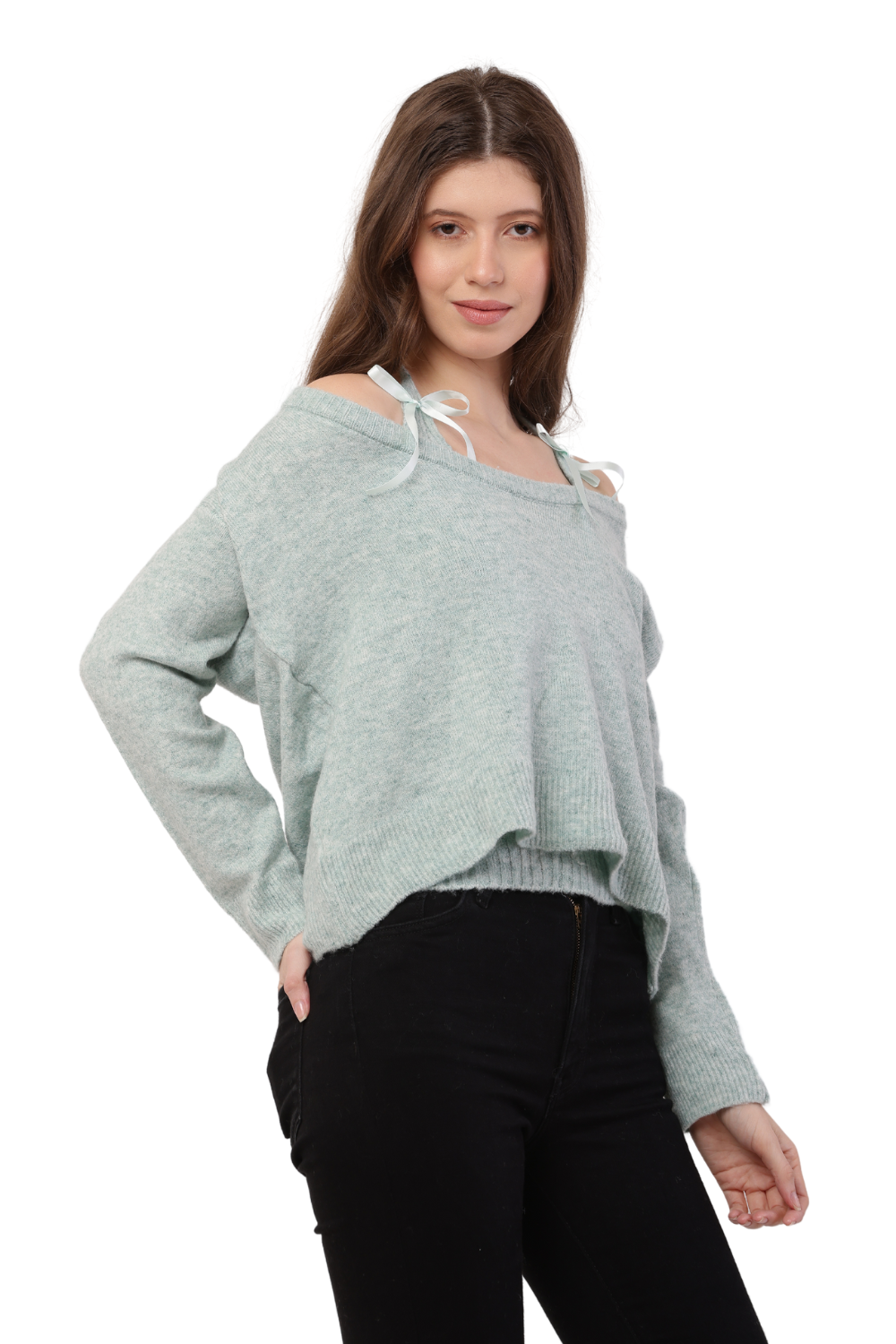 Korean Style Off-Shoulder Knit Sweater with Ribbon Tie Detail